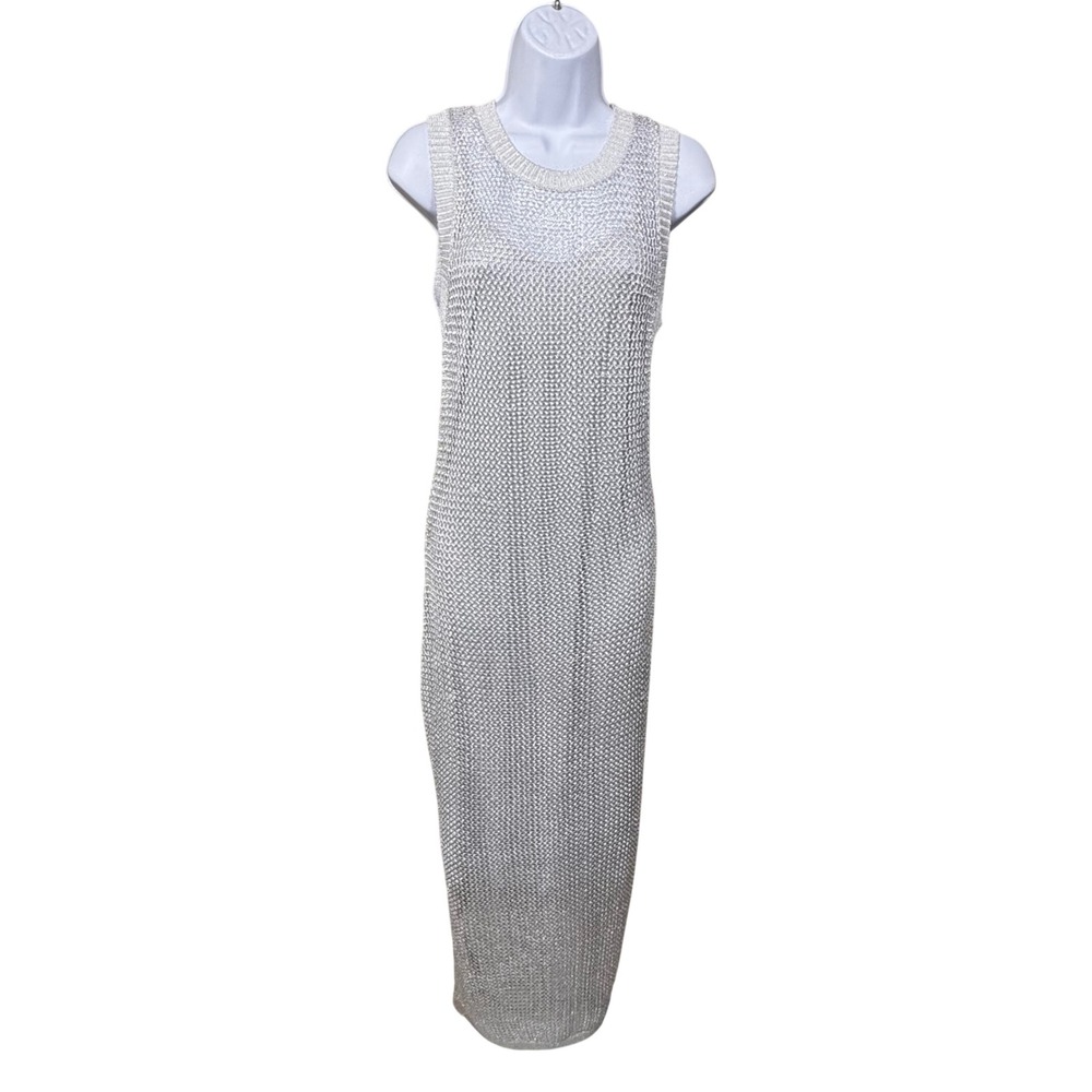 Silver Metallic Knit Maxi Dress Sleeveless Sheer Glam Cybercore Festival Artsy S
